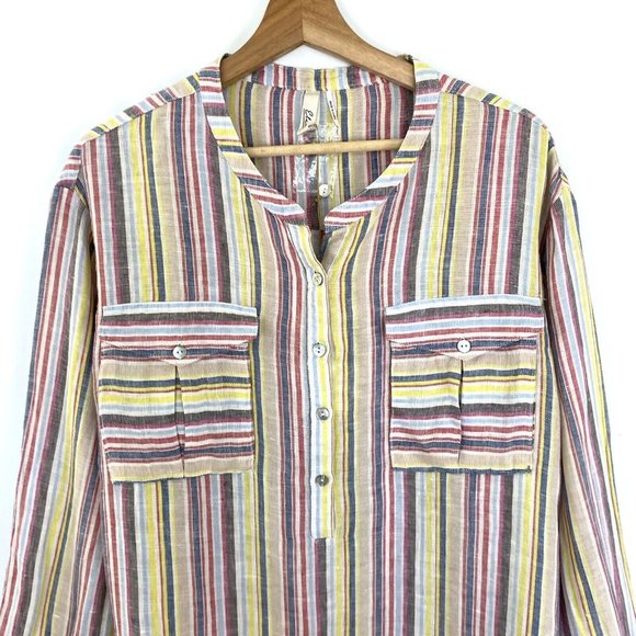Elan Womens S Linen‎ Striped Popover Top Multicolor Shirt Patch Pocket NEW - Picture 3 of 9